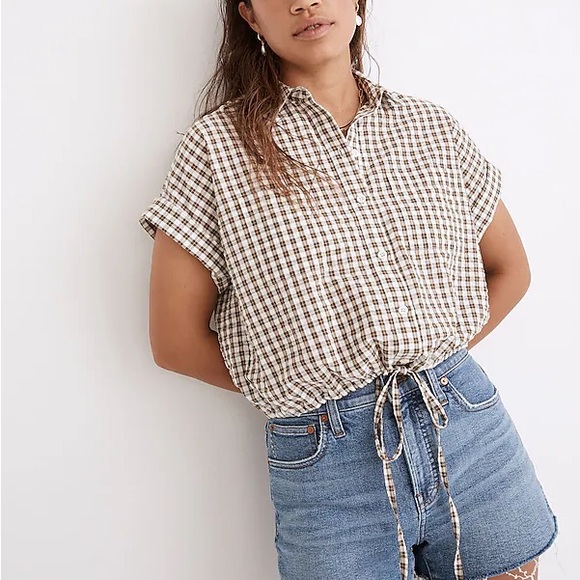 Madewell Tops - Madewell Seersucker Textured Button Up Green Plaid Tie Bottom Top Large L